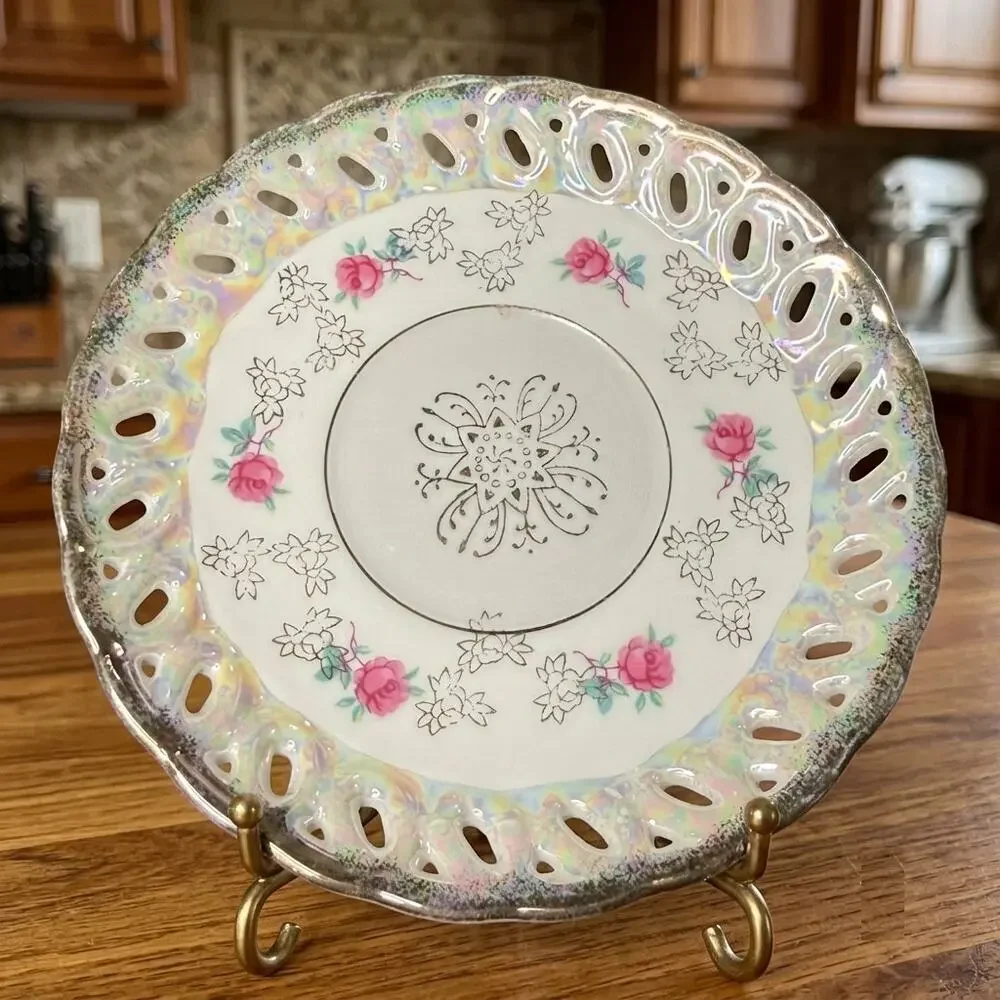 Vintage Royal Sealy China Japan Iridescent Reticulated Rose Saucer 5.75